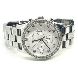 MARC JACOBS MBM3104 Stainless Steel Crystal Bezel Chronograph Watch Silver AS IS